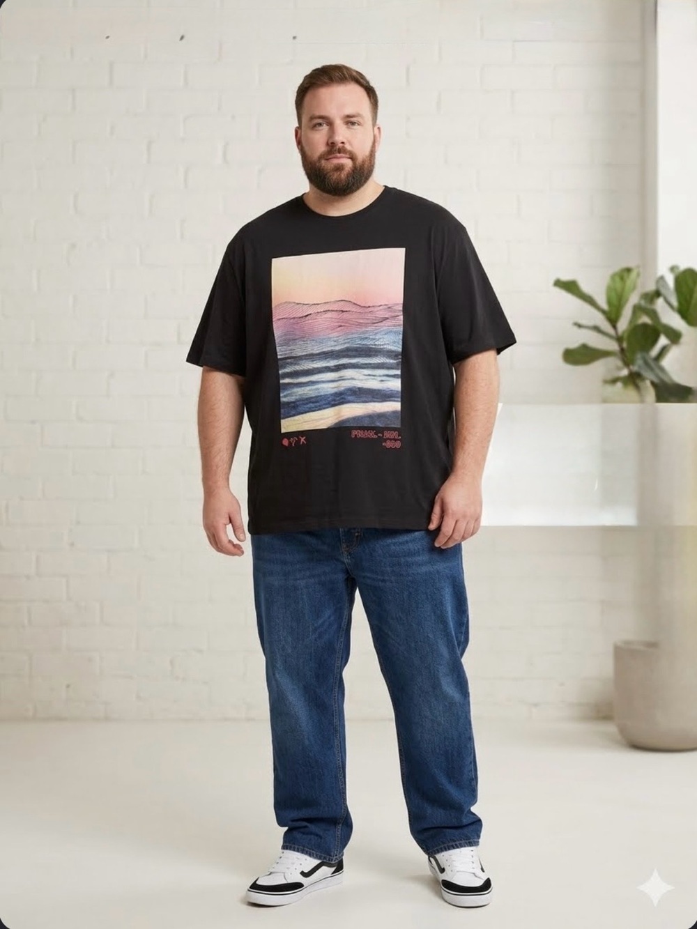 F&F Pastel Sunset Wave Graphic T-Shirt Black Minimalist Surf Streetwear Tee 3xl